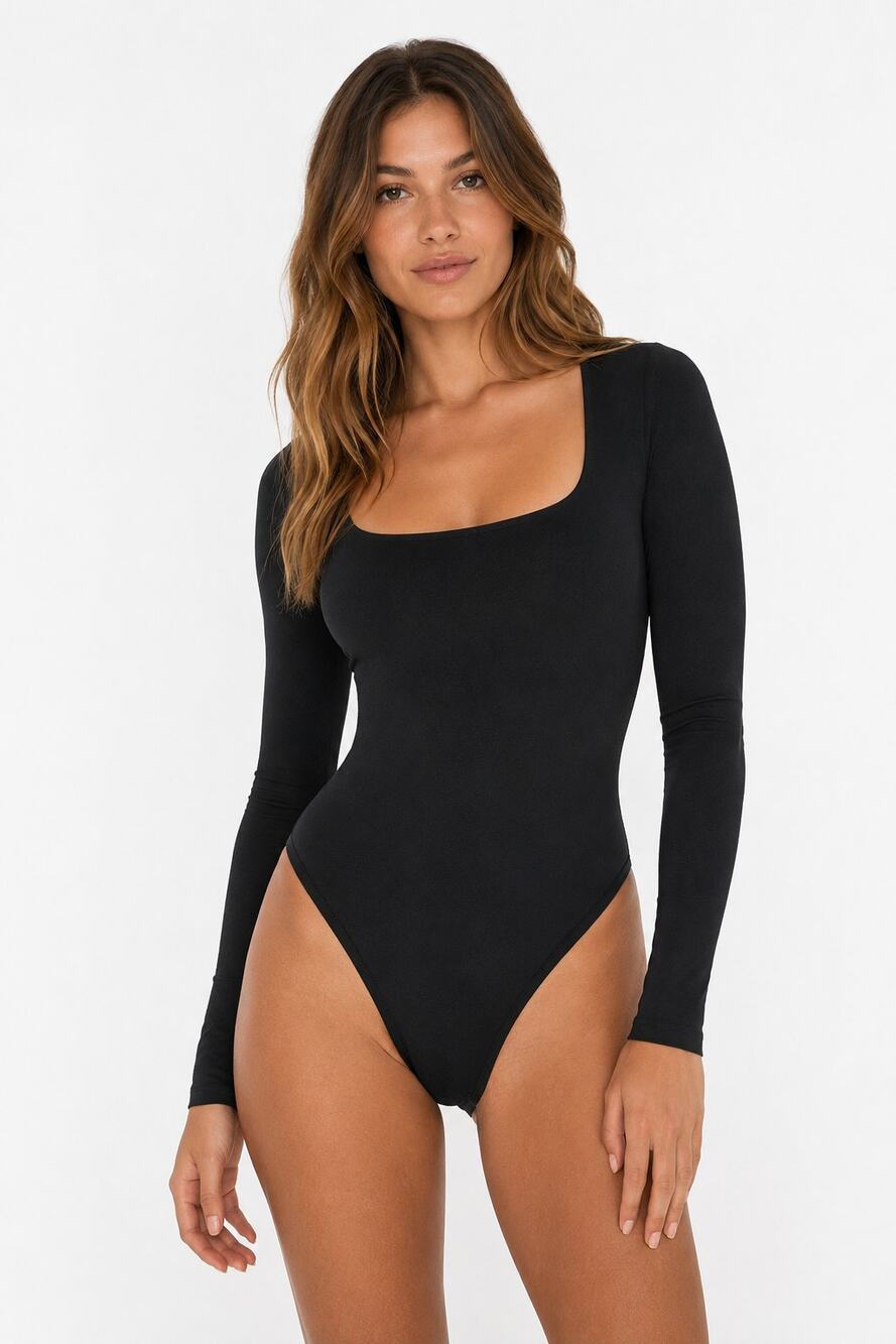 NWOT HYZ Square Neck Long Sleeve Bodysuit Black Size L